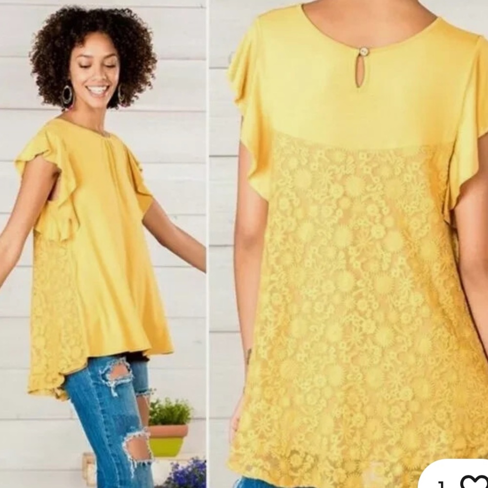 MATILDA JANE Mustard Bocce Ball Lace Accent Flutter Short Sleeve Top SZ Med